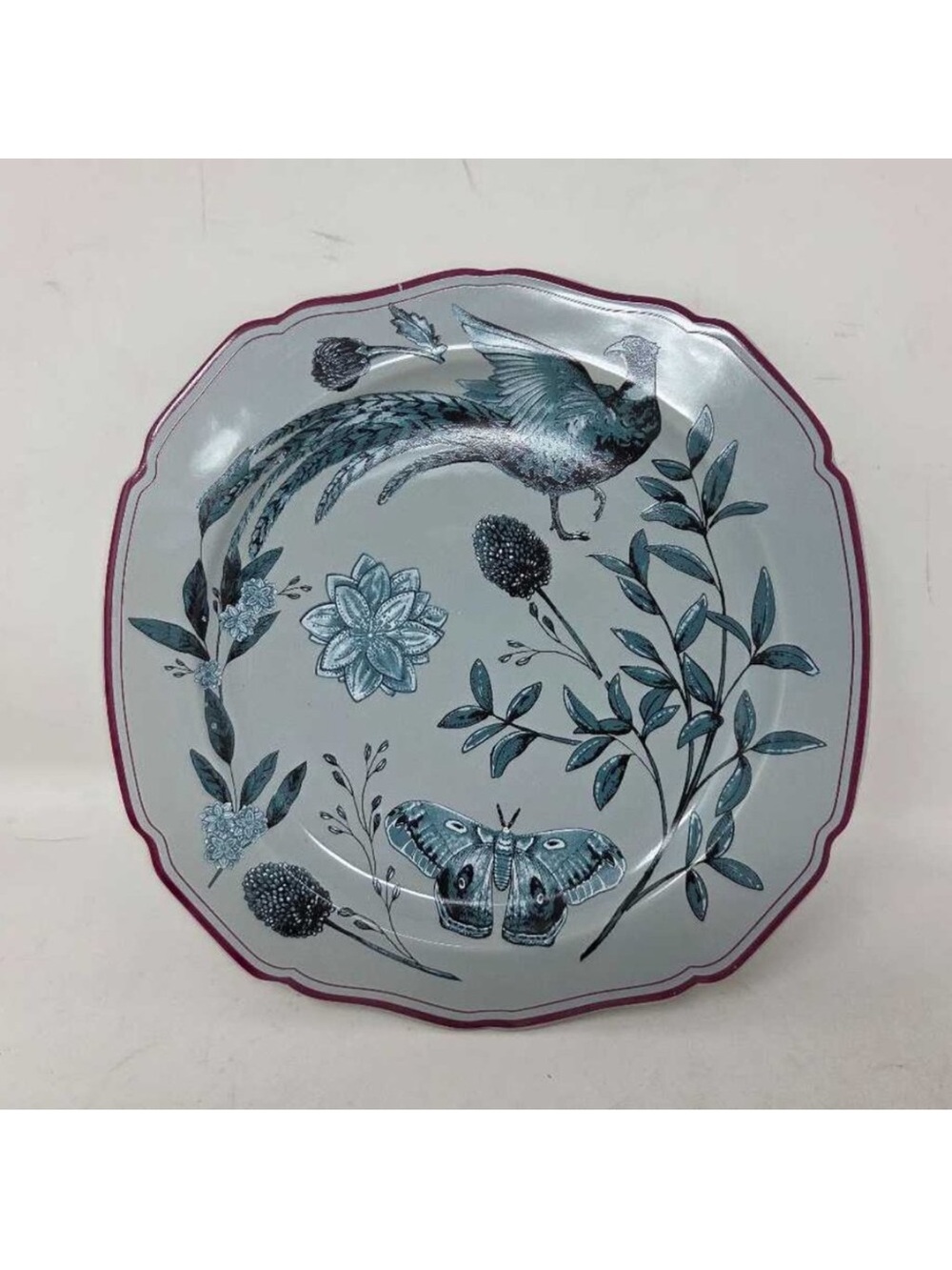 Anthropologie Blue & Pink Botanical Bird Dinner Plate